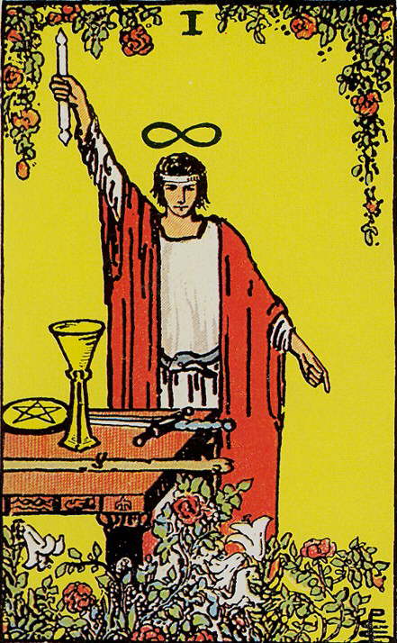 Tarot Karte Arkana - Der Magier steht vor einem Tisch mit Kelch und Schwert