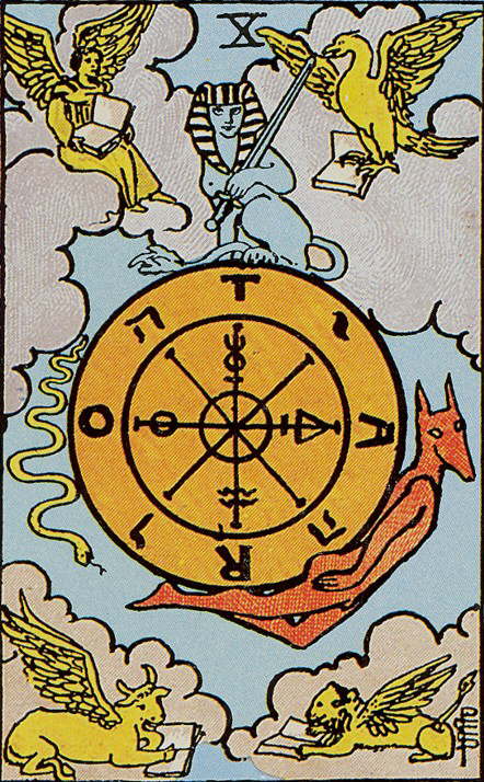 Tarot Karte Arkana - Das Rad des Schicksals dreht sicht und im Himmel sitzen Tierfiguren