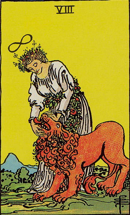 Tarot Karte Arkana - Eine Frau zähmt den Löwen und hält die Hand vor sein Maul