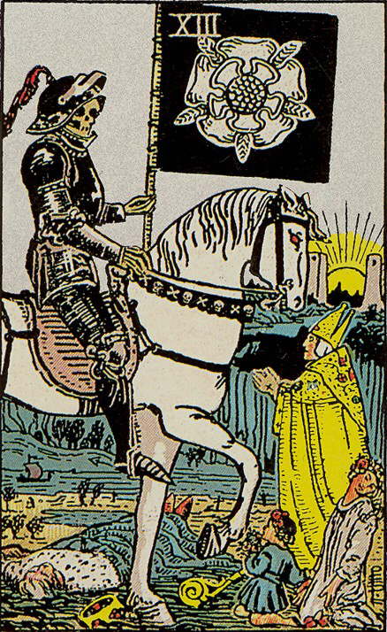 Tarot Karte Arkana - Der Tod reitet in schwarzer Rüstung auf einem weissen Pferd