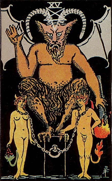 Tarot Karte Arkana - Der Teufel sitzt mit Hörnern und Flügel auf dem Rücken und hebt seine Hand