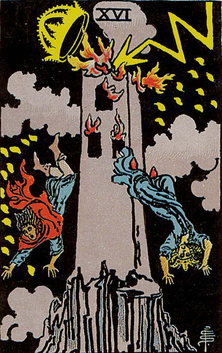 Tarot Karte Arkana - Der Turm steht in Flammen und Menschen fallen herunter