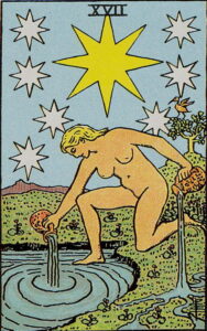Tarot Karte Arkana - Der Stern zeigt eine nackte Frau am Wasser mit Gefässen in der Hand