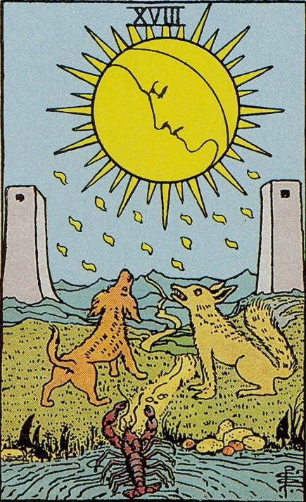 Tarot Karte Arkana - Der Mond im Himmel wird von zwei Hunden angeheult
