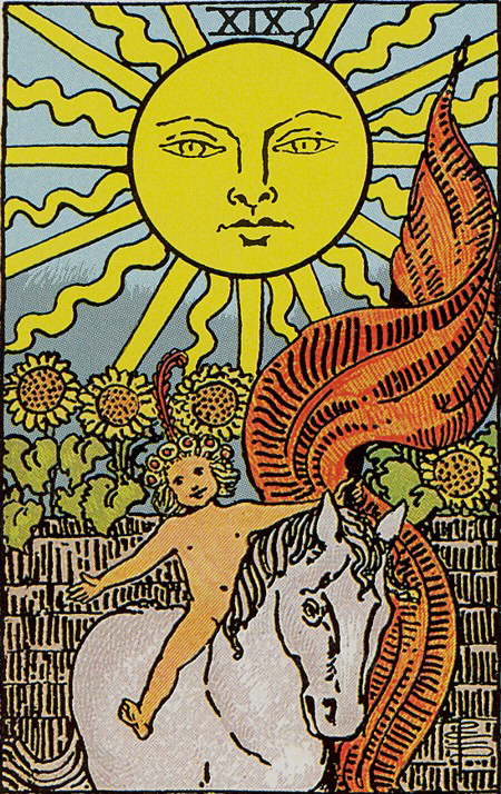 Tarot Karte Arkana - Die Sonne steht hoch am Himmel und ein Knabe reitet ein weisses Pferd