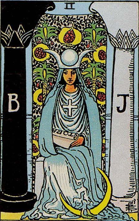 Tarot Karte Arkana - Die Hohepriesterin sitzt auf dem Tron und hält eine Schriftrolle