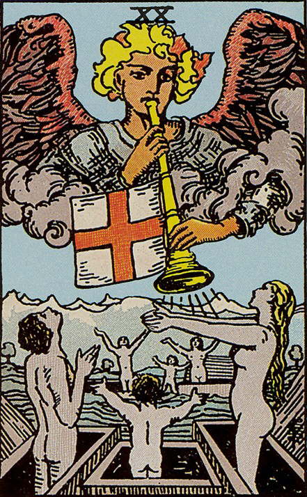 Tarot Karte Arkana - Das Gericht ist als Engel mit Trompete abgebildet