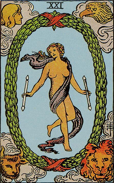 Tarot Karte Arkana - Die Welt ist dargestellt von einer nackten Frau mit Stäben in der Hand