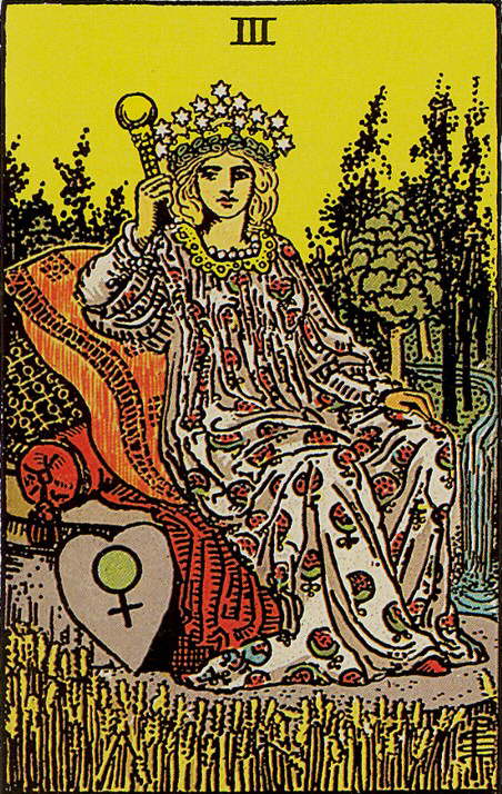 Tarot Karte Arkana - Die Herrscherin sitzt auf einem Kissen mit Stab in der Hand