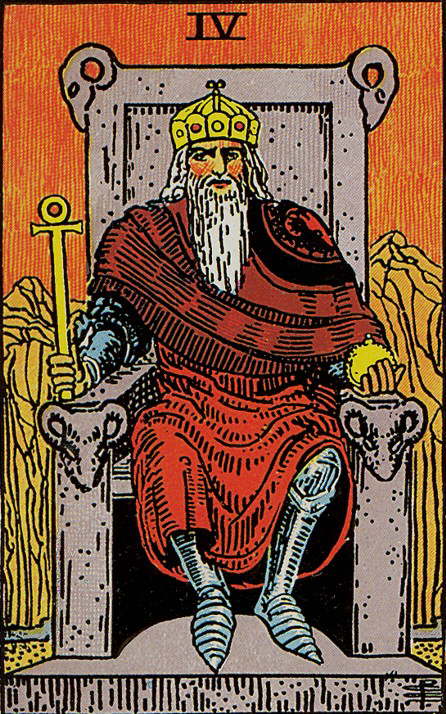 Tarot Karte Arkana - Der Herrscher sitzt auf seinem Trohn aus Stein und hält Requisiten