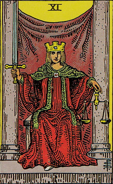 Tarot Karte Arkana - Sitzender Herrscher mit einem Schwert in der Hand und einer Waage