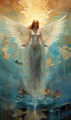 Ein Engel Tarotkarte mit einem weiblichen Engel der sich aus dem Wasser erhebt