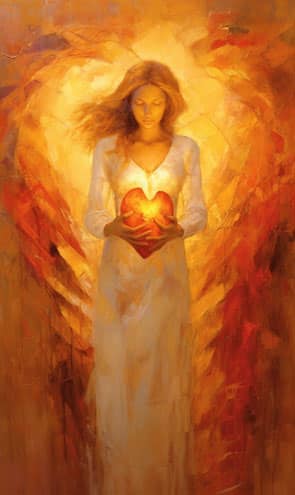 Eine Engelkarte mit einem weiblichen Engel in rotem Licht mit einem glühenden Herzen in der Hand