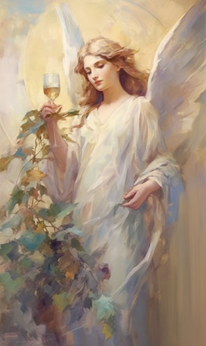 Eine Engelkarte mit einem weiblichen Engel der ein Glas in der Hand hält