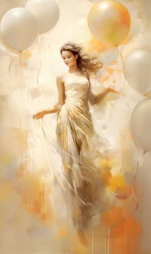 Eine Engelkarte mit einem schwebenden Engel umgeben von Luftballons