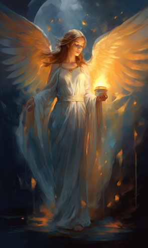 Eine Engelkarte mit einem Engel in der Dunkelheit und einem Licht in der Hand