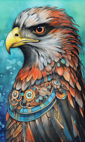 Schamanische Krafttierkarte mit einem Falken verziert mit Ornamenten