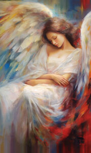 Eine Engelkarte mit einem sitzenden Engel und umschlossenen Armen