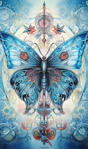 Schamanische Krafttierkarte mit einem Schmetterling verziert mit Ornamenten