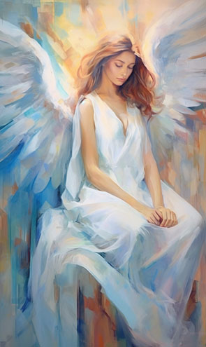 Eine Engelkarte mit einem tröstenden Engel auf einem Stuhl sitzend