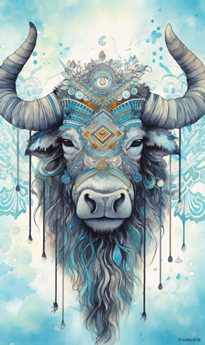 Schamanische Krafttierkarte mit einem Büffel verziert mit Ornamenten