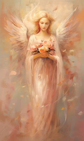 Eine Engelkarte mit einem rosaroten Engel und Freundschaftsblumen in der Hand