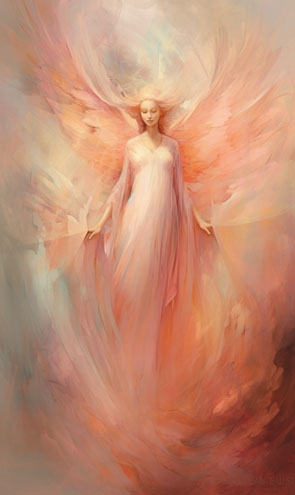 Eine Engelkarte mit einem schwebenden Engel von sanften Farben umgeben
