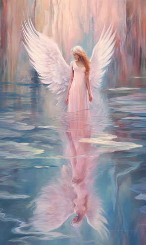 Eine Engelkarte mit stehendem Engel vor einem Wasserfall