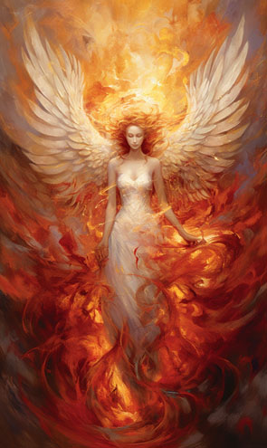 Eine Engelkarte mit einem Engel der aus dem Feuer emporsteigt