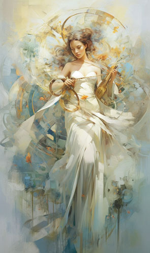 Eine Engelkarte mit einem weiblichen Engel der ein göttliches Instrument spielt