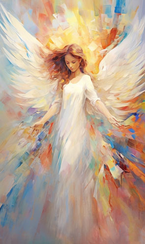 Eine Engelkarte mit einem Engel von bunten Farbstrichen umgeben