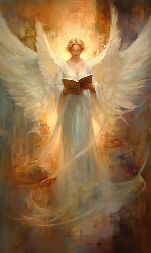 Eine Engelkarte mit einem weisen Engel der ein Buch in der Hand hält