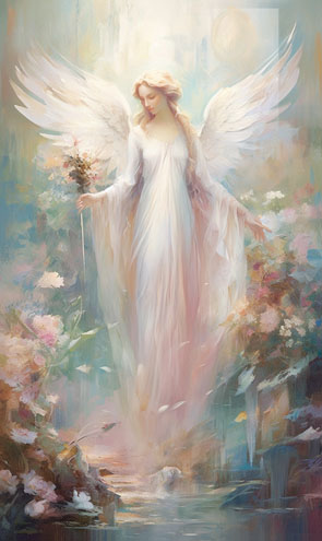 Eine Engelkarte mit weiblichem Engel der in einem Bach spaziert
