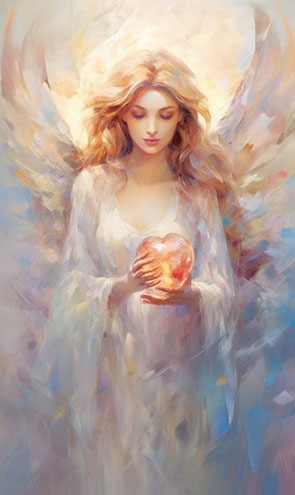 Eine Engelkarte mit einem Engel der eine Herzfigur aus Glas hält