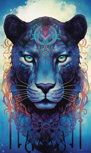 Schamanische Krafttierkarte mit einem Panther verziert mit Ornamenten
