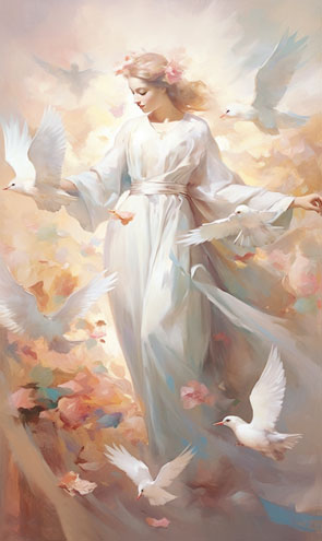 Eine Engelkarte mit einem Engel der von fliegenden Tauben umgeben ist