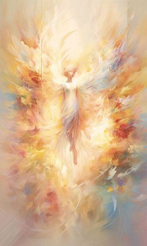 Eine Engelkarte mit einem Engel der von glühenden Farben und Licht umgeben ist