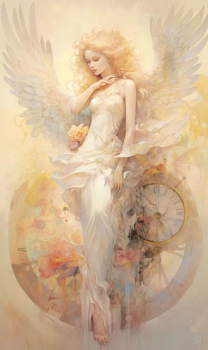 Eine Engelkarte mit einem weissen Engel und dem Rad des Schicksals