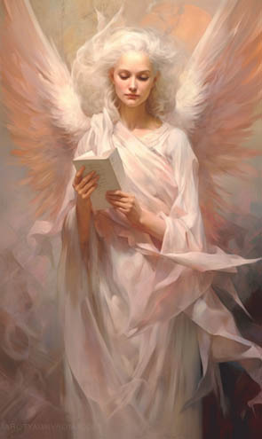 Eine Engelkarte mit hell gekleidetem Engel der eine Botschaft in der Hand hält