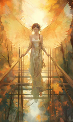 Eine Engelkarte mit einem weiblichen Engel der über eine Brück geht
