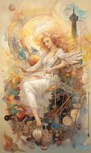 Eine Engelkarte mit sitzendem Engel umgeben von künstlerischen Gegenständen