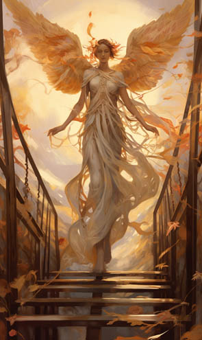 Eine Engelkarte mit einem Engel im Sonnenlicht auf einer Brücke gehend