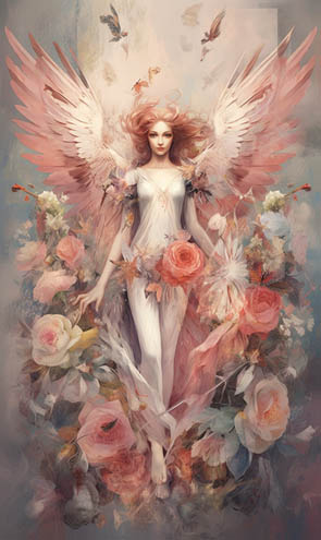Eine Engelkarte mit einem weiblichen Engel umgeben von Rosen und Blumen