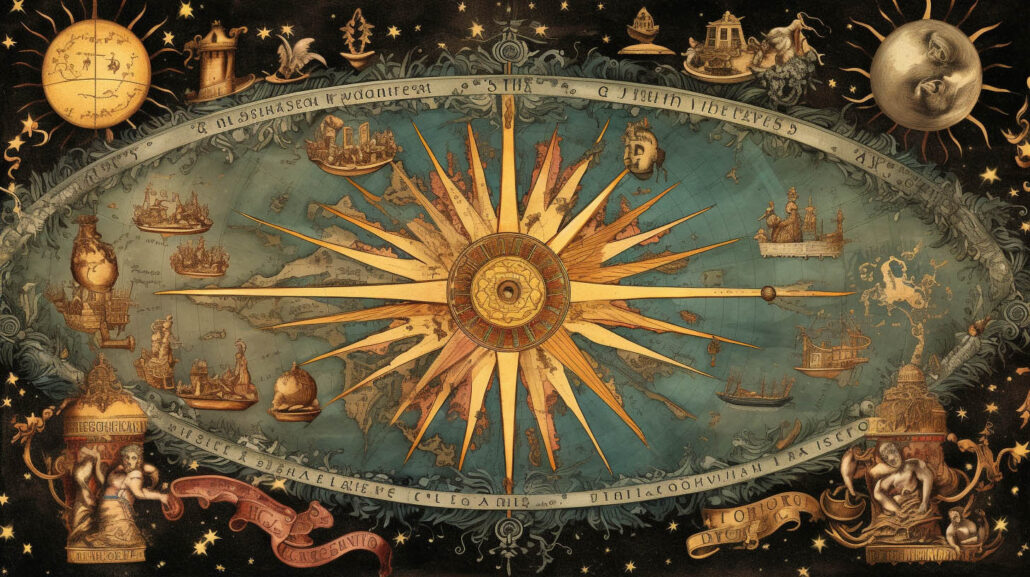 Tarotmotiv einer Weltkarte mit Kompass und Symbolen