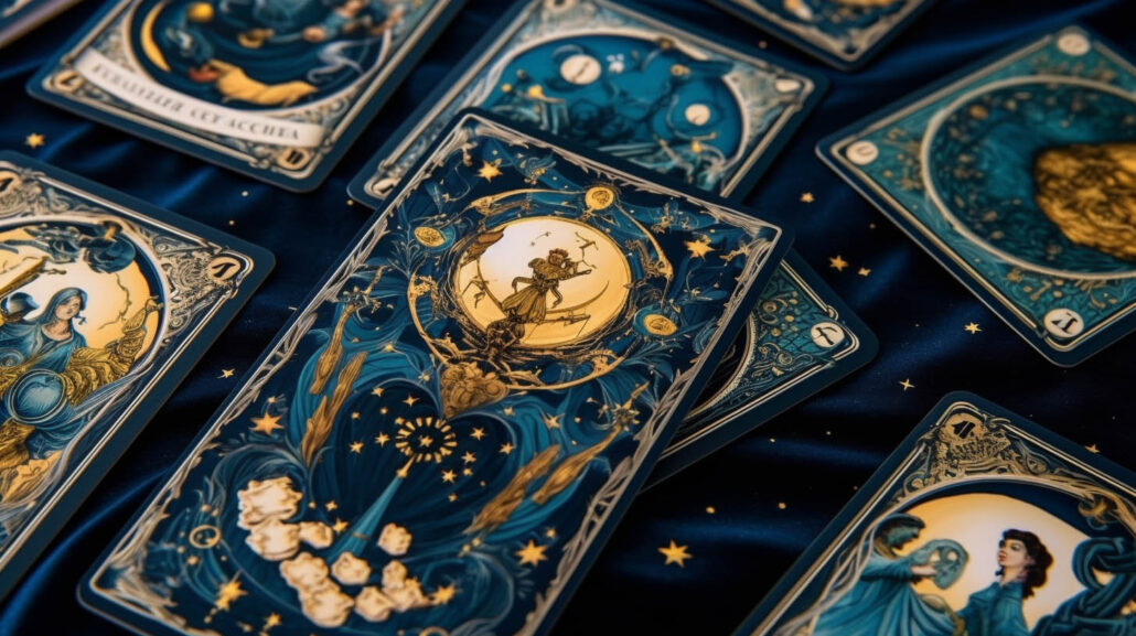 Tarotkarte auf Tisch mit mystischem Motiv