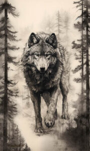 Krafttier Wolf schleicht sich mit gesenktem Blick an seine Beute heran