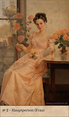 Kipperkarte Hauptperson Frau mit einer jungen Dame die von Blumen umgeben am Tisch sitzt