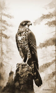 Krafttier Falke sitzt erhaben auf einem Baumstumpf und beobachtet die Welt