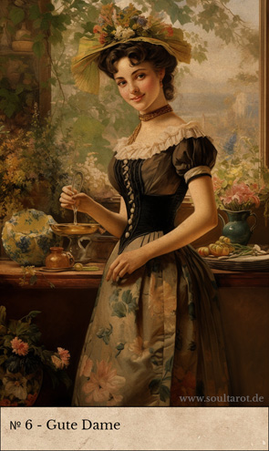 Kipperkarte Gute Dame mit einer jungen Frau im Blumenkleid vor einem Tisch mit Pflanzen