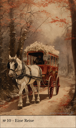 Kipperkarte Eine Reise mit Kutsche die einem Waldpfad entlang fährt
